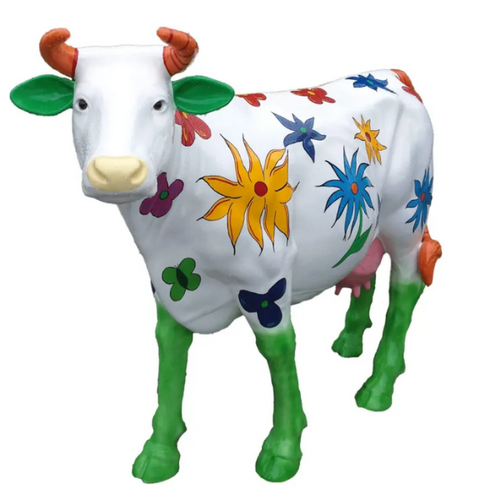 Statue Vache Animaux Resine - 140cm - Blanc Fleuri