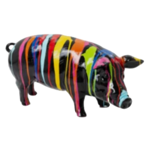 Statue en Résine de Cochon - 100cm - Finition Noire Multicolore