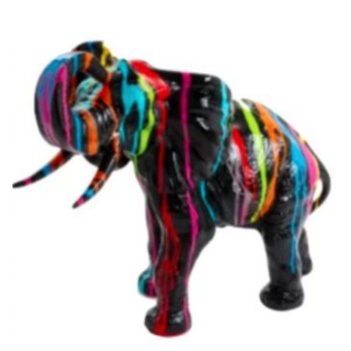 Statue Élégante d'Éléphant en Résine - 90cm - Finition Noir Multi-Couleurs