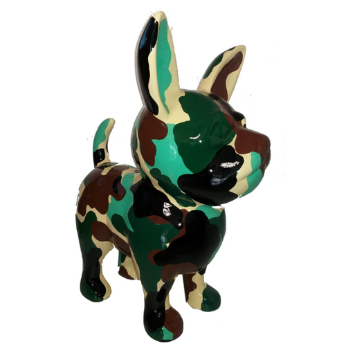 Statue Résine Chien Chihuahua Militaire - 50cm - Couleurs Vert et Noir