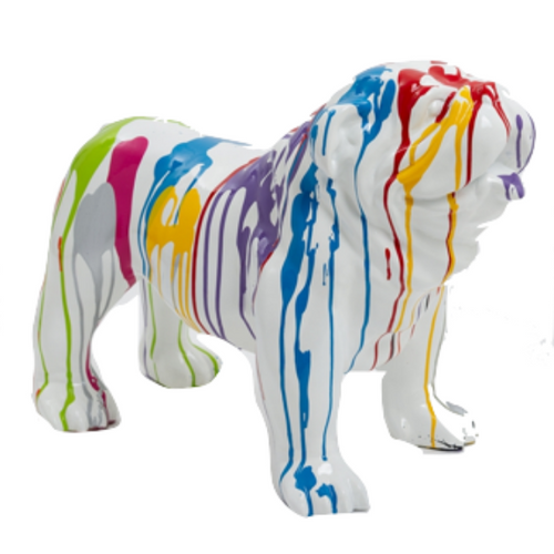 Sculpture Résine Chien Bouledogue Anglais - 90cm - Finition Blanc Multi-Couleur