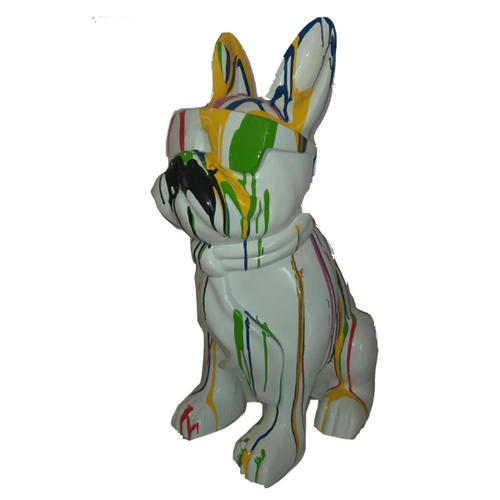 Statue Résine Chien Bouledogue Français - 80cm - Finition Multicolore Blanc