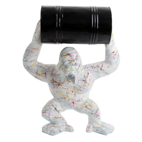 Statue Gorille Baril Animaux Resine - 40cm - Graffiti Blanc