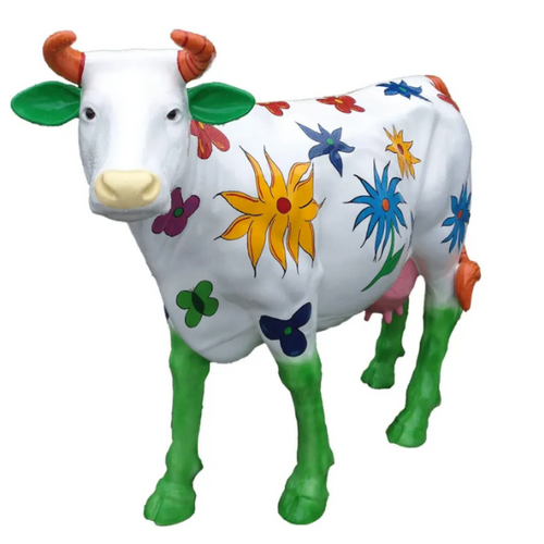 Statue Vache Animaux Resine - 140cm - Blanc  Fleuri