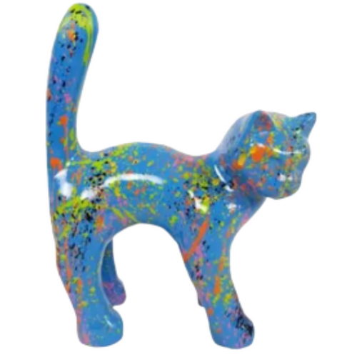 Statue de Chat en Résine - 35cm - Design Graffiti Bleu