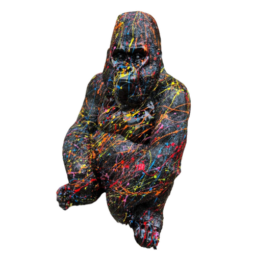 Statue de Gorille Assis en Résine - 75cm - Design Graffiti Noir