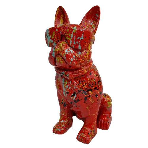 Statue Résine Chien Bouledogue Français - 60cm - Style Graffiti Rouge