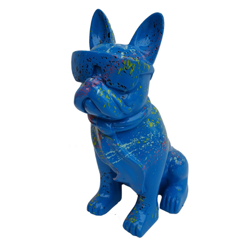 Sculpture Résine Chien Bouledogue Français - 60cm - Style Graffiti Bleu