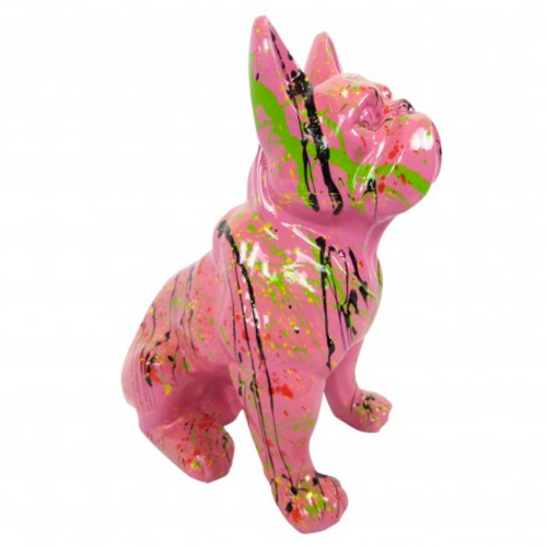 Statue Chien Bouledogue Francais Animaux Resine - 30cm - Graffiti Rose