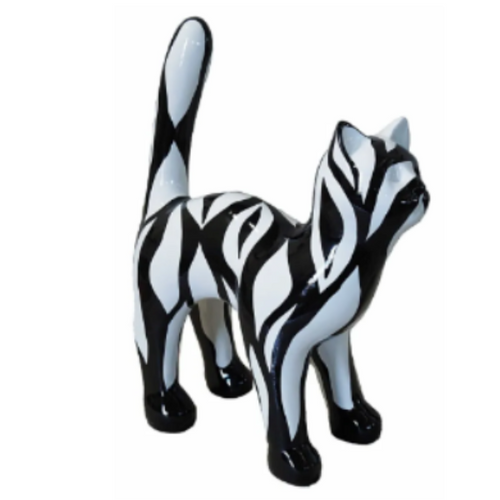 Statue de Chat en Résine - 35cm - Motif Zèbre Noir