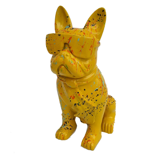 Statue Décorative de Bouledogue Français en Résine - 80cm - Design Graffiti Jaune