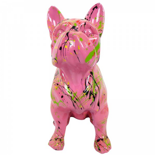 Statue Chien Bouledogue Francais Animaux Resine - 30cm - Graffiti Rose