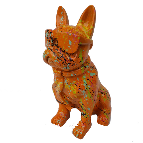 Sculpture Bouledogue Français en Résine - 60cm - Graffiti Orange