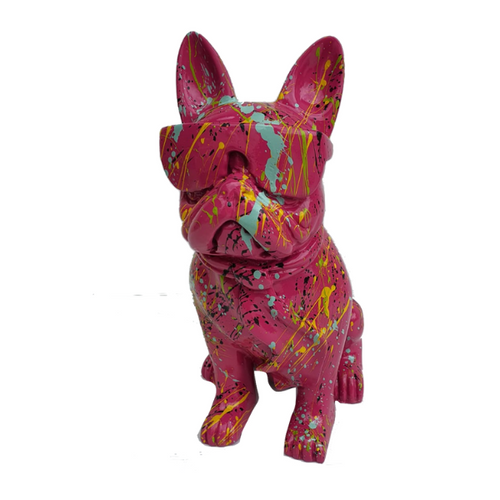 Statue Chien Bouledogue Francais Animaux Resine - 35cm - Graffiti Rose