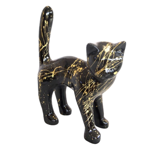 Statue Chat Animaux Resine - 45cm - Coulure Dorée Noir