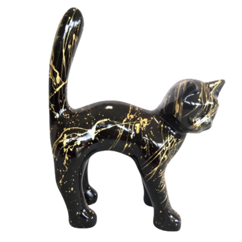 Statue Chat Animaux Resine - 45cm - Coulure Dorée Noir