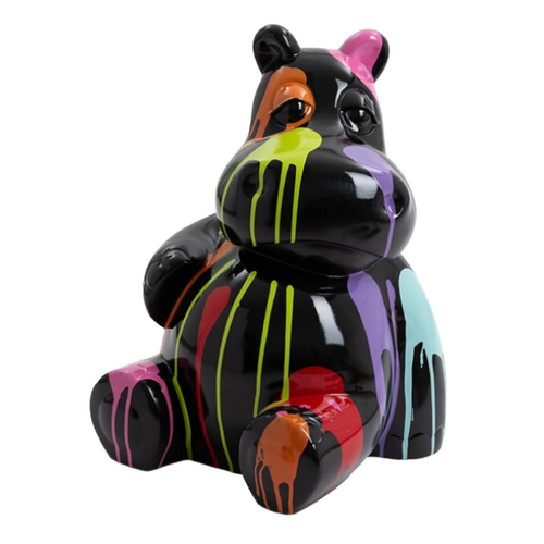 Statue Décorative Hippopotame en Résine - 15cm - Teintes Noires Multicolores