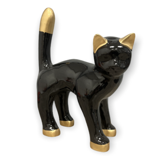 Statue Chat Animaux Resine - 45cm - Mix Noir Doré