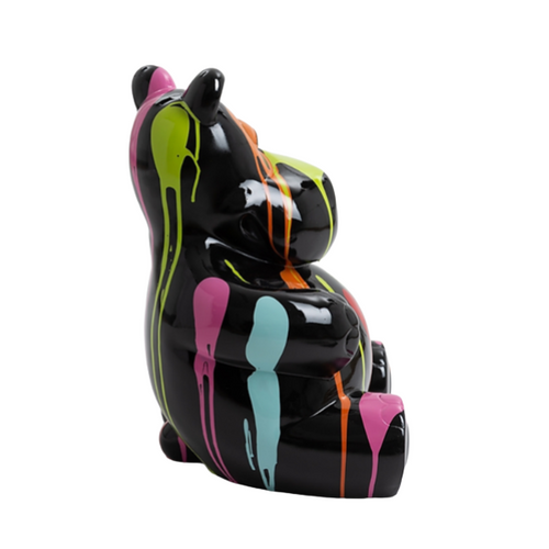 Statue Décorative Hippopotame en Résine - 15cm - Teintes Noires Multicolores