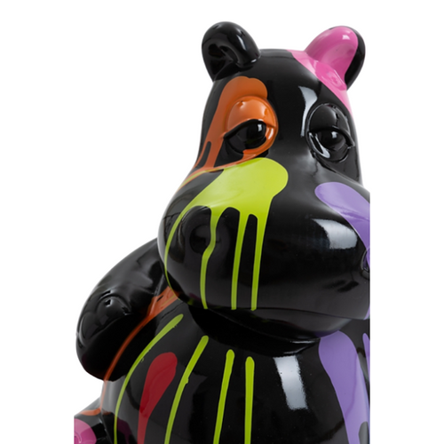 Statue Décorative Hippopotame en Résine - 15cm - Teintes Noires Multicolores