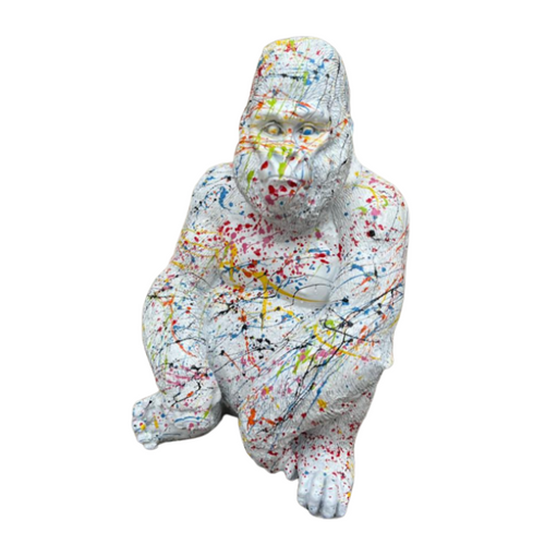 Statue de Gorille Assis en Résine - 75cm - Finition Graffiti Blanc