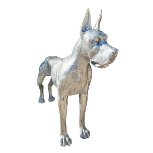 Statue de Chien Dogue Allemand en Résine - 120 cm - Finition Argentée