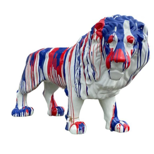 Statue Lion Animaux Resine - 35cm - Coulure Bleu et Rouge