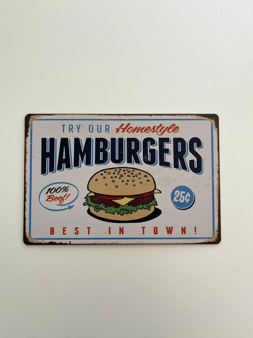 PLAQUE MÉTAL HAMBURGER 30X20 CM - PLAQUE DECORATIVE